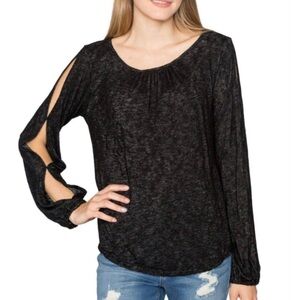 Velvet By Graham & Spencer Black Bellatrix Slit-Sleeve Textured Knit Top Size M